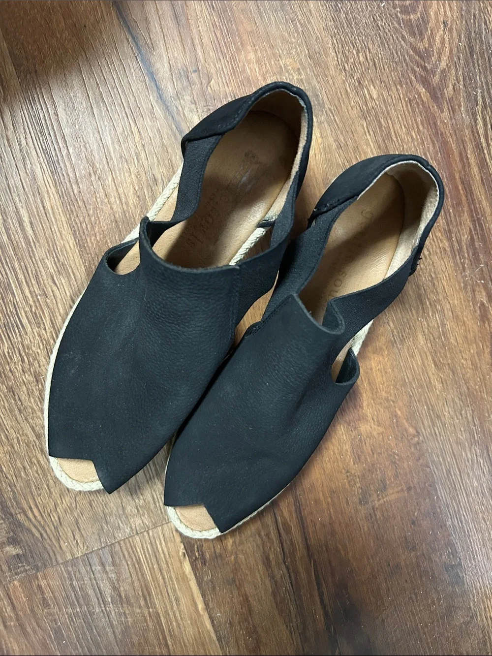 gentle souls Black Peep-Toe Espadrille Wedge Sandals